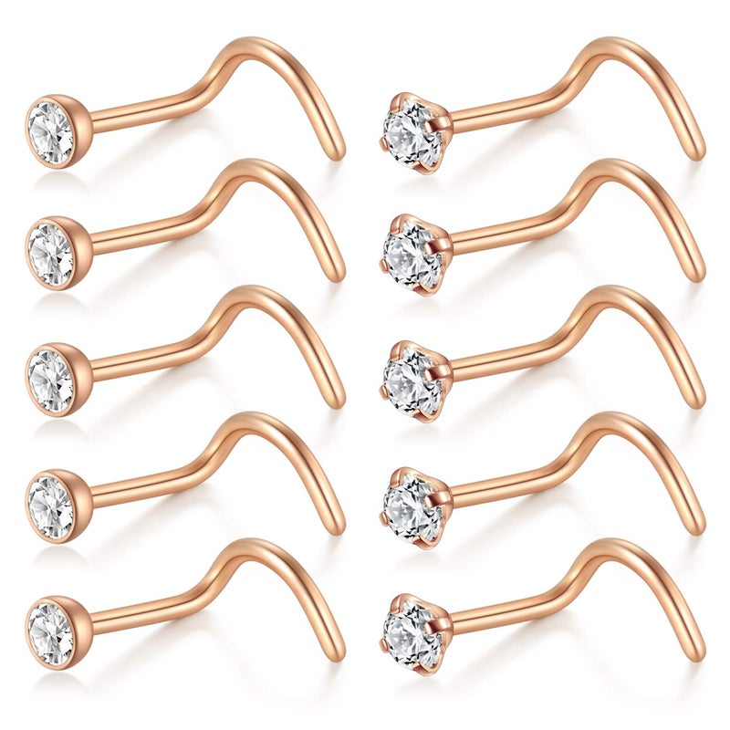 D.Bella Nose Rings 10Pcs 18G Nose Screw Rings Studs Surgical Steel Piercing Jewelry 2mm Clear CZ Rose Gold - Image 1